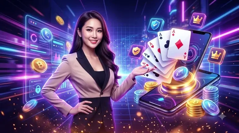 Bàn tay cầm điện thoại chơi phỏm online với tiền xu và bút trên bàn