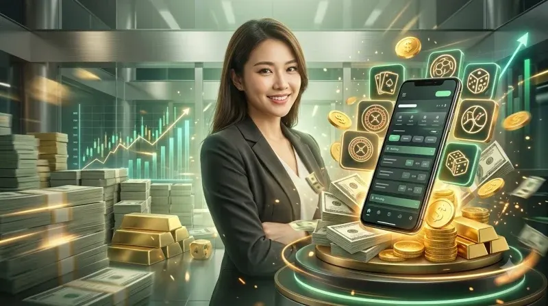 Biểu tượng vương miện vàng và các dụng cụ cá cược nổi bật trên nền tối sang trọng
