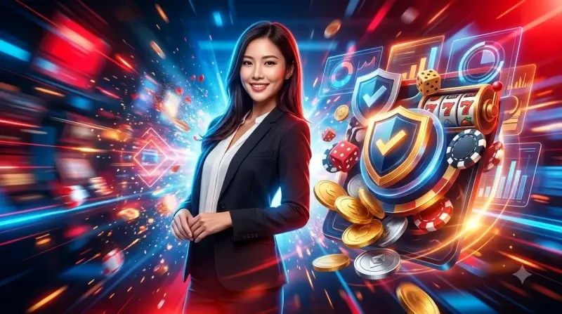 Cân vàng với biểu tượng khiên và chip poker, cùng các biểu tượng giấy phép, bảo mật, hỗ trợ khách hàng và thanh toán