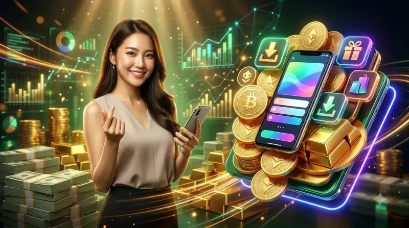 Điện thoại với biểu tượng tải xuống và các đồng xu vàng, minh họa các bước tải app 79king