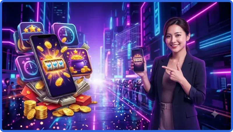 Khái niệm nổ hũ giờ vàng - slot machine phát sáng với đồng xu vàng và đồng hồ