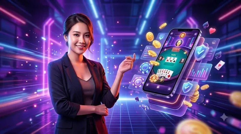 Người chơi đang cầm điện thoại chơi phỏm online với các lá bài ảo