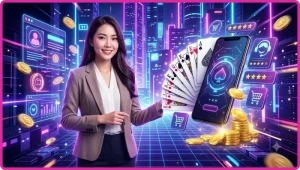 Người chơi đang cầm điện thoại chơi phỏm online với các lá bài ảo