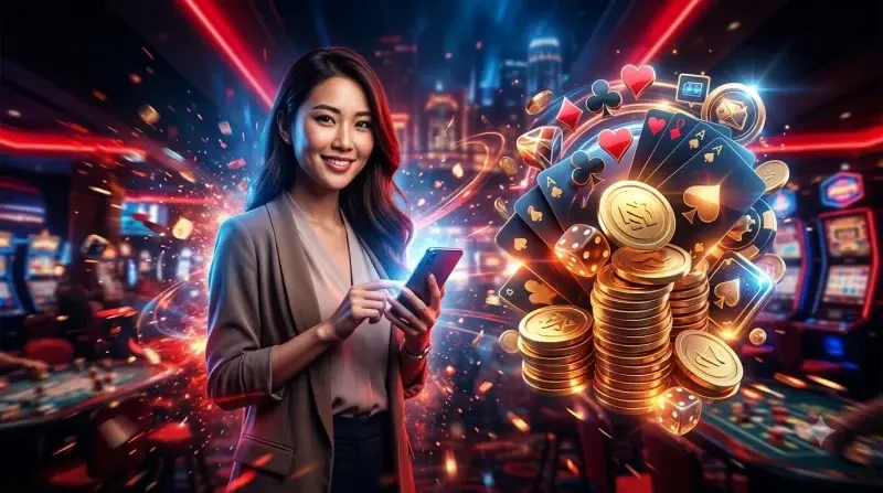 Người chơi đang kiểm tra casino trên điện thoại, với biểu tượng khiên bảo vệ và kính lúp thể hiện sự đánh giá uy tín